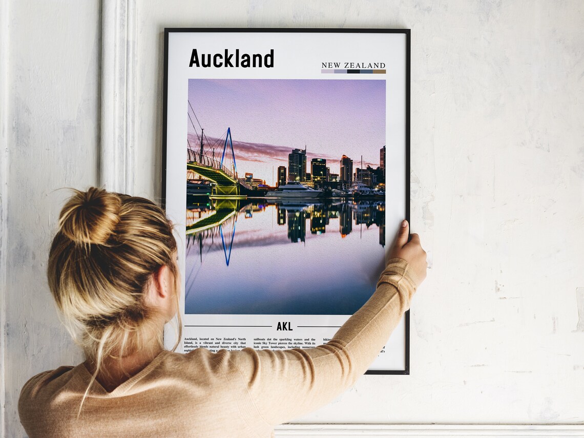 Auckland New Zealand Harbor Skyline Dusk City Travel Art Poster - Image 2
