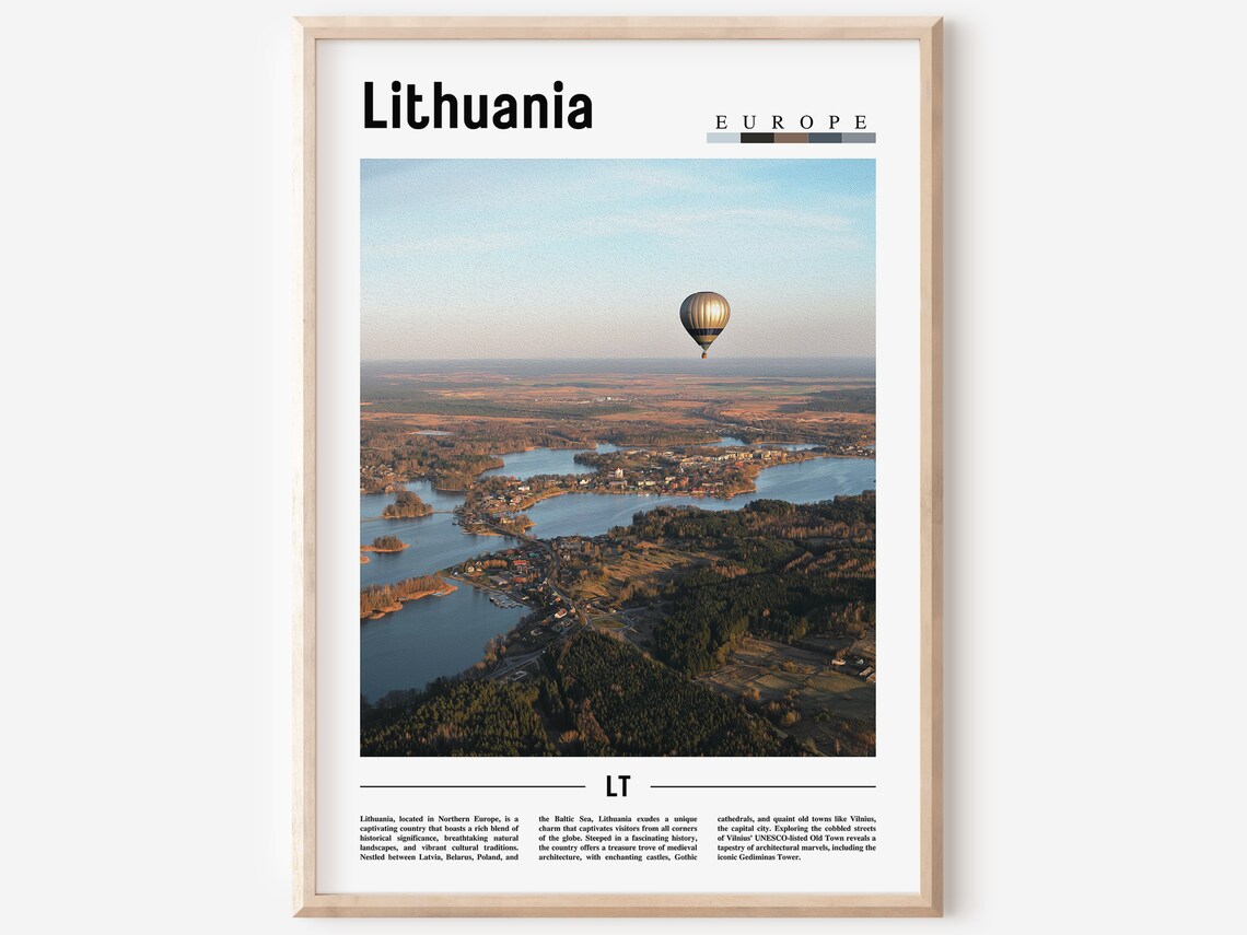 Lithuania Europe Travel Poster Hot Air Balloon Over Lakes at Sunrise