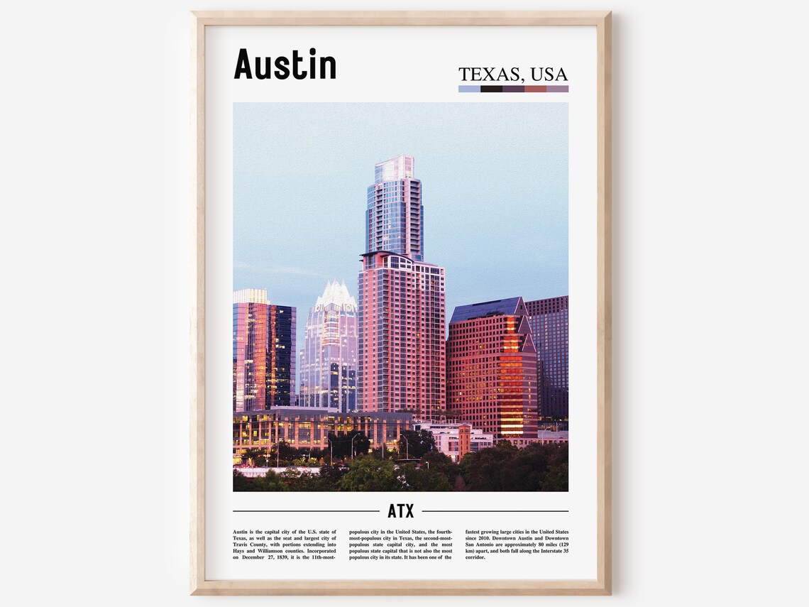 Austin Texas USA Downtown Skyscrapers Golden Hour Photo Travel Poster