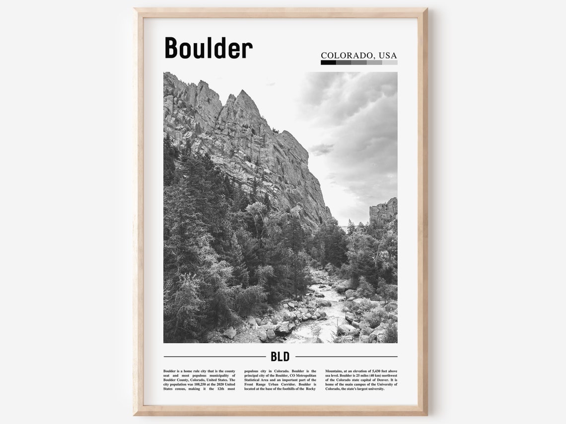 Boulder Colorado Black and White Rocky Cliffs Pine Forest Photo Poster