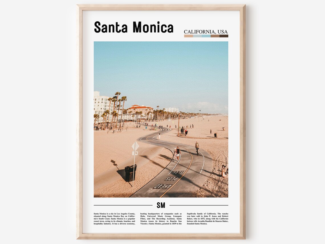 Santa Monica Beach Bike Path Palms Sand Ocean California Travel Poster