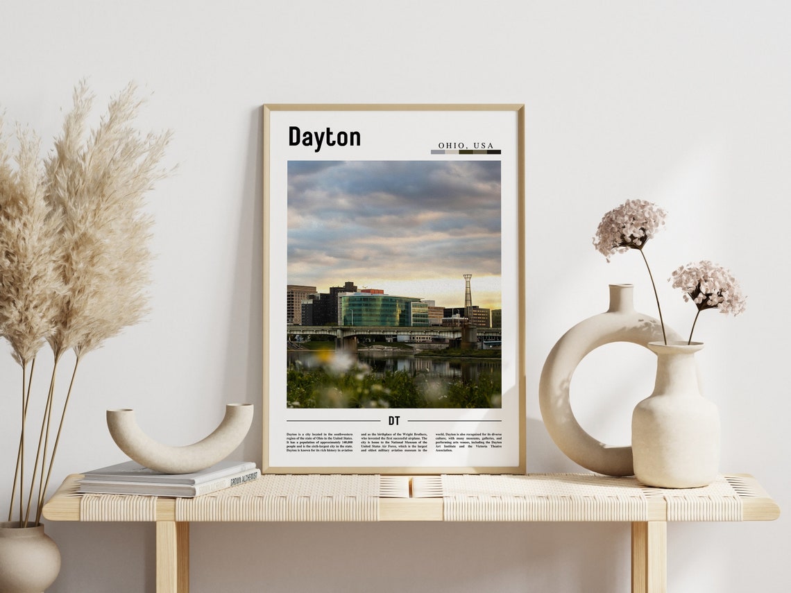 Dayton Ohio Travel Poster Riverfront Skyline at Sunset Photo - Image 3