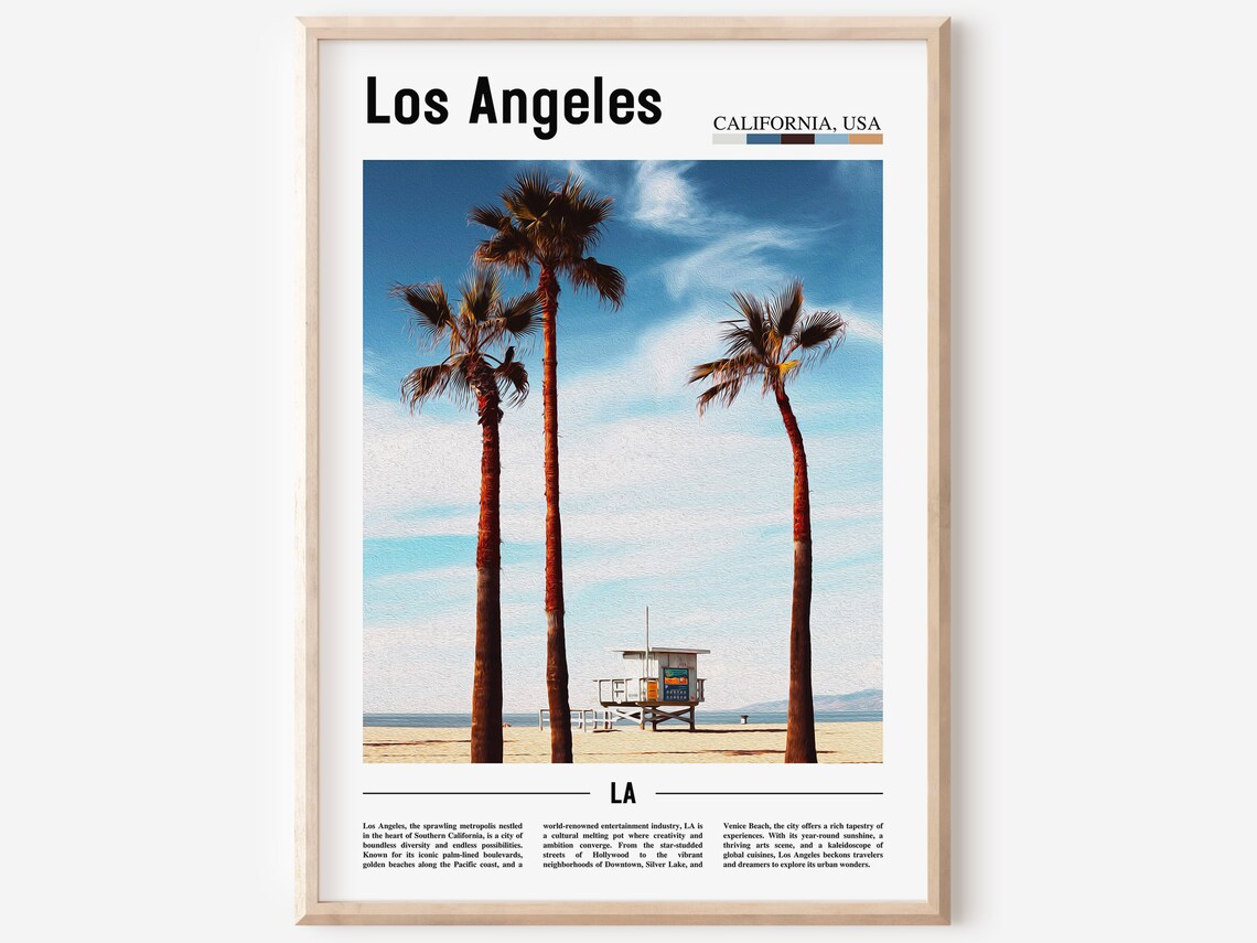 Los Angeles Beach Tall Palm Trees Lifeguard Tower Travel Poster