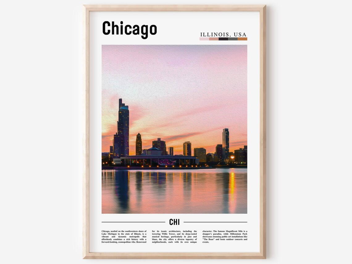 Chicago Lake Michigan Sunset Skyline Photography Poster Wall Decor