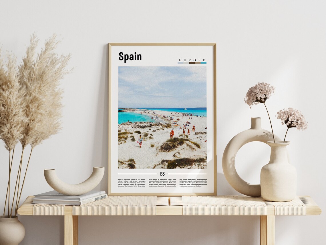 Spain Turquoise Beach White Sand Sunbathers Coastal Travel Art Poster - Image 3