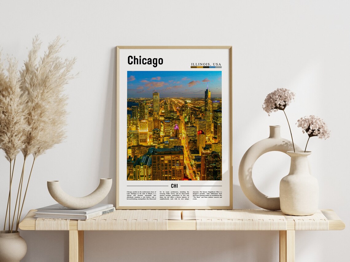 Chicago Illinois Night Skyline Golden City Lights Aerial Photo Poster - Image 3