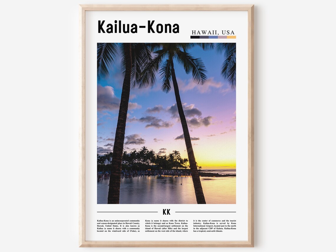 Kailua Kona Hawaii Sunset Palm Trees Ocean Beach Travel Poster