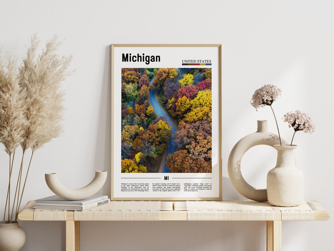 Michigan Autumn Forest Aerial Fall Colors River Minimal Travel Poster - Image 3