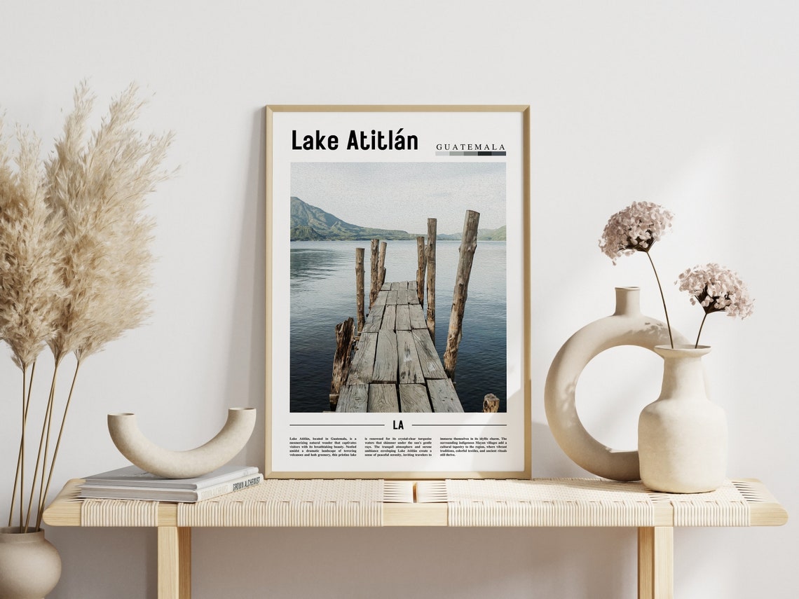 Lake Atitln Poster Lake Atitln Print Lake Atitln Wall Art Minimal Travel Print Travel Destination Oil Painting Poster - Image 3