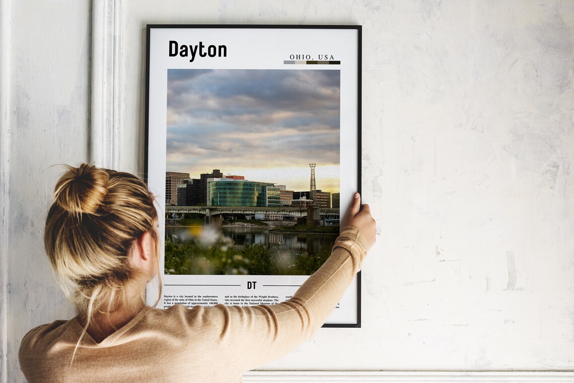 Dayton Ohio Travel Poster Riverfront Skyline at Sunset Photo - Image 2