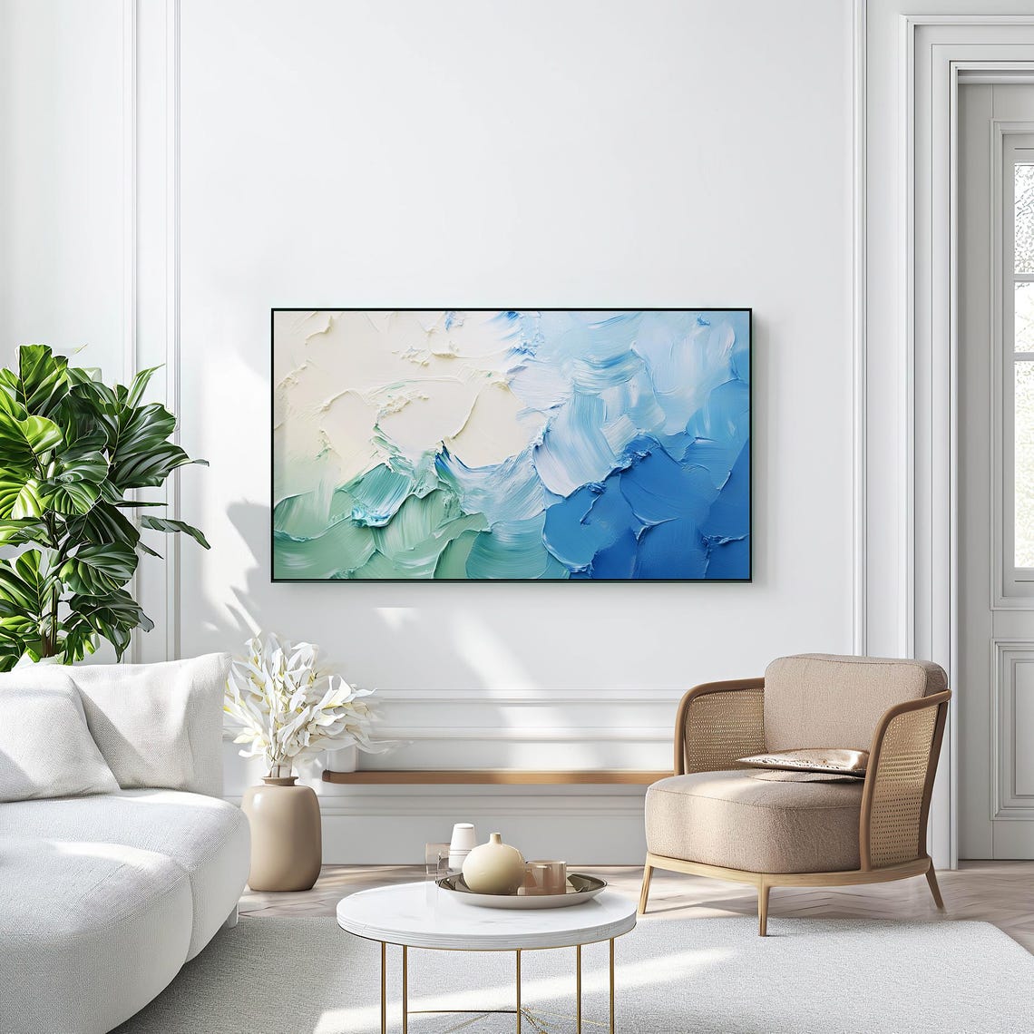 Blue Green White Textured Impasto Abstract Ocean Wave Poster - Image 3