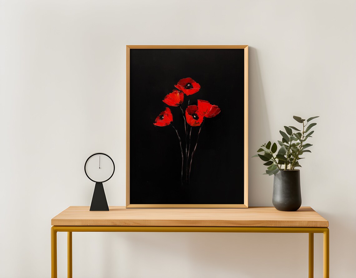 Vintage Red Poppy Oil Painting, Gothic Botanical Art Print - Image 3