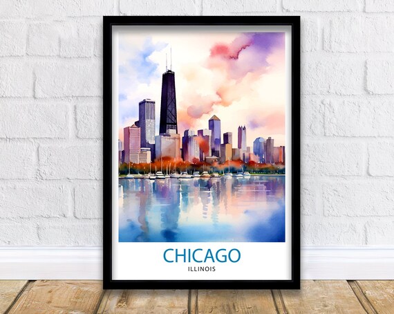 Chicago Illinois Lakefront Skyline Sailboats Watercolor Art Poster