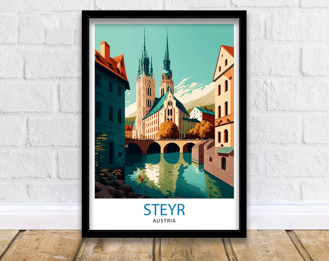 Steyr Austria Twin Spire Church River Bridge Old Town Poster