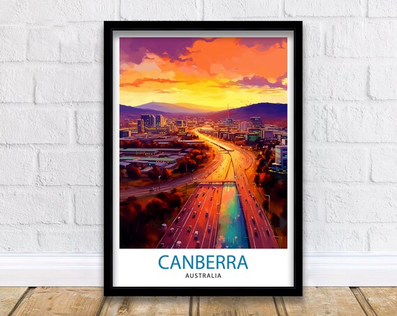 Canberra Australia Sunset City Highway Aerial Vintage Travel Poster