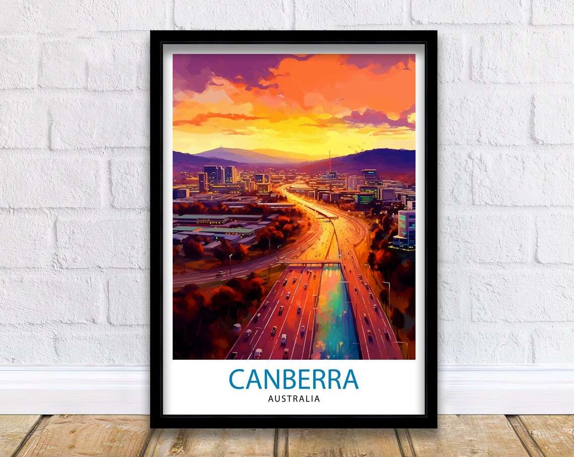 Canberra Australia Sunset City Highway Aerial Vintage Travel Poster