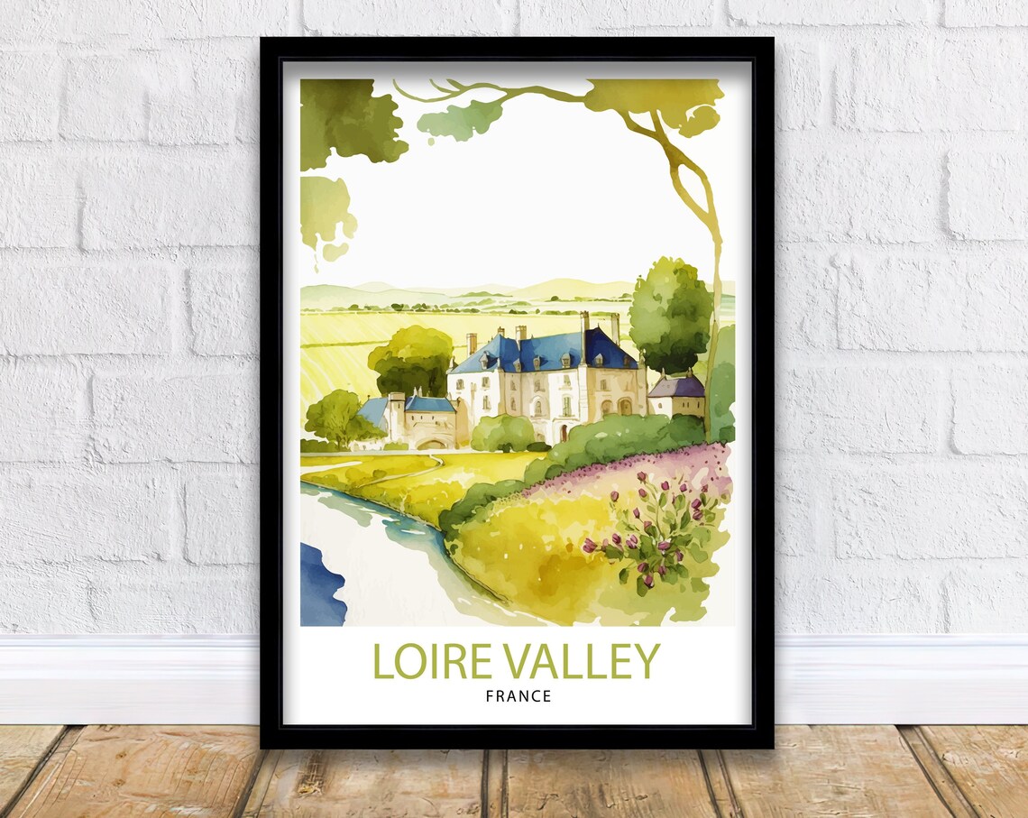 Loire Valley France Travel Poster Chateau River Watercolor Art