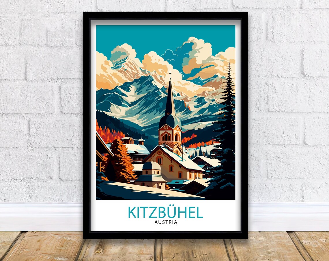 Kitzbuhel Austria Alpine Church Snow Peaks Golden Sky Travel Poster