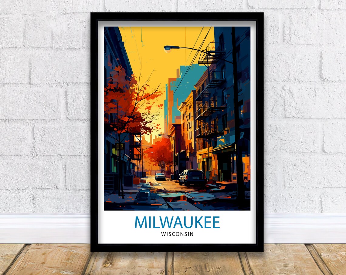 Milwaukee Wisconsin Golden Autumn Downtown Street Travel Poster