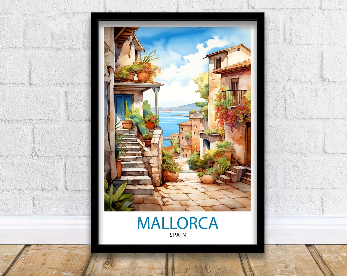 Mallorca Spain Watercolor Village Street Seaside Charm Travel Poster