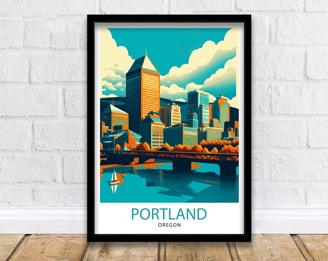 Portland Oregon Downtown Skyline River Bridge Vintage Travel Poster