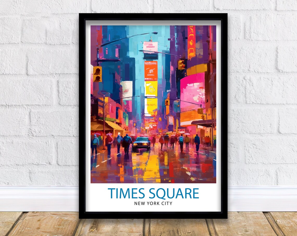 Times Square New York City Neon Rainy Street Night Travel Poster