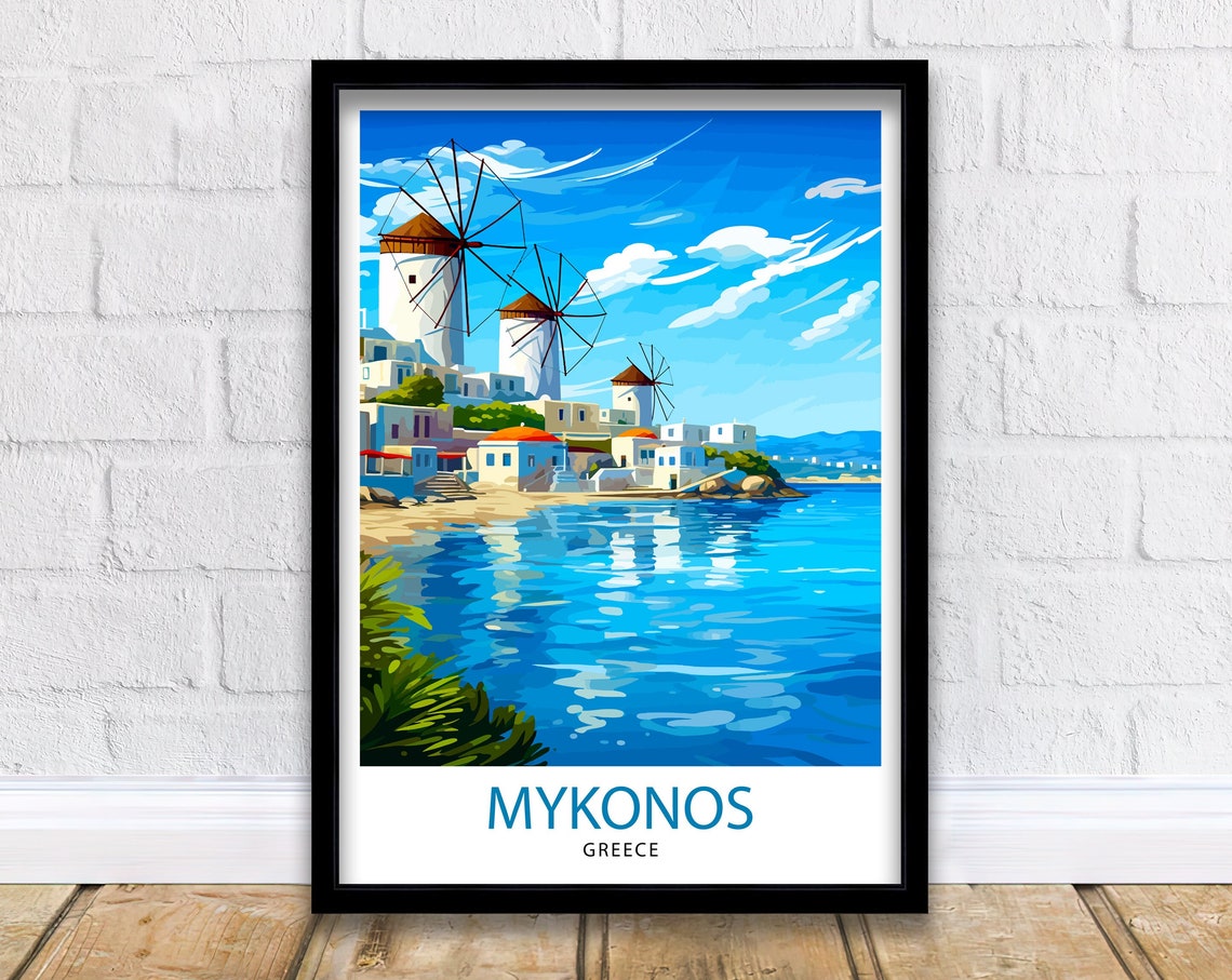 Mykonos Greece Whitewashed Windmills Seaside Village Travel Poster