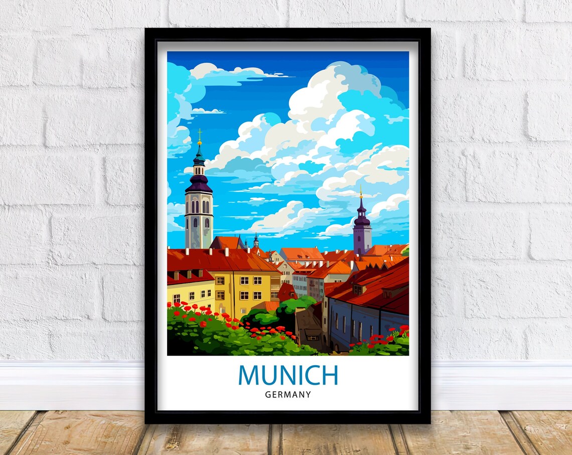 Munich Germany Historic Old Town Rooftops Church Spires Travel Poster