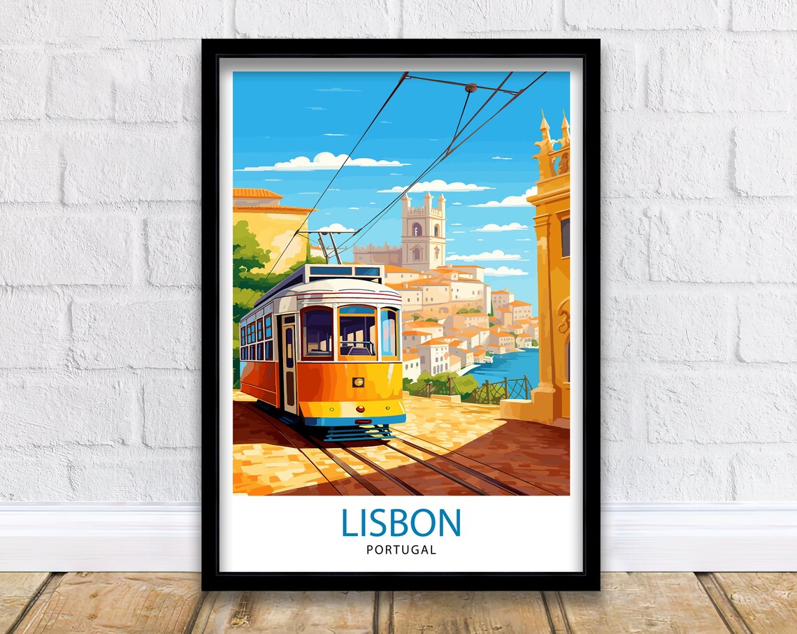 Lisbon Portugal Yellow Tram Cathedral Hill Street Scene Poster