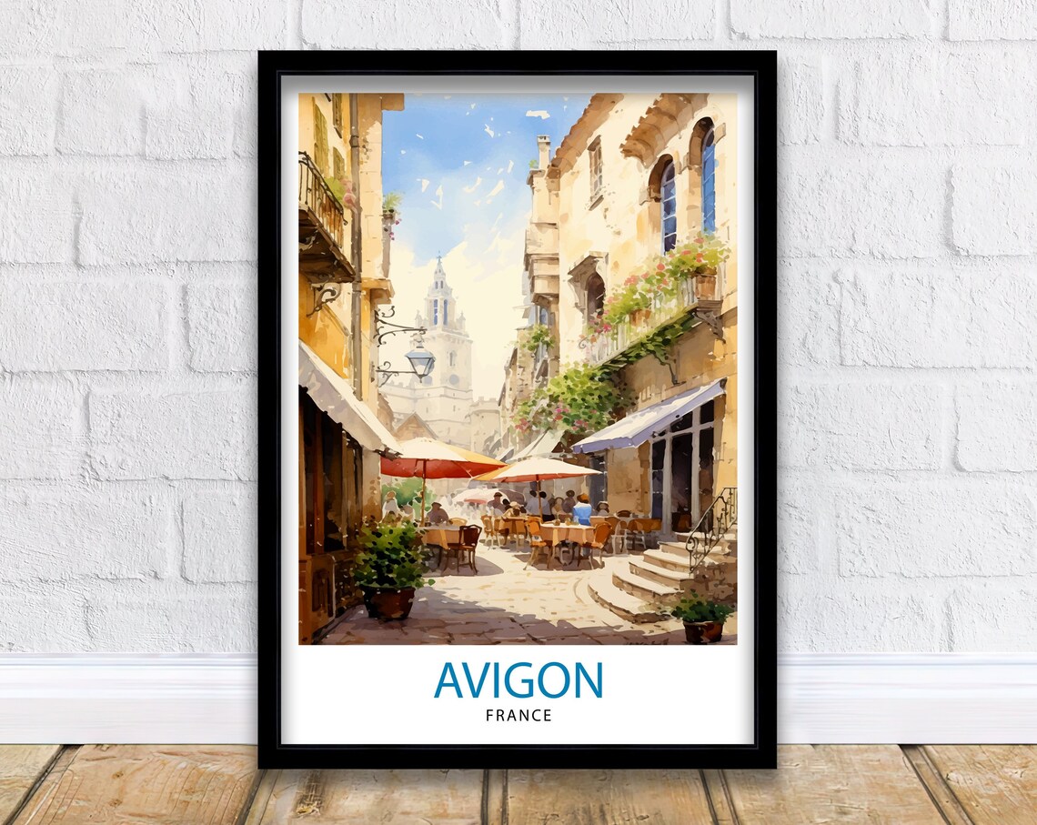 Avigon France Sunny Old Town Cafe Street Watercolor Travel Poster