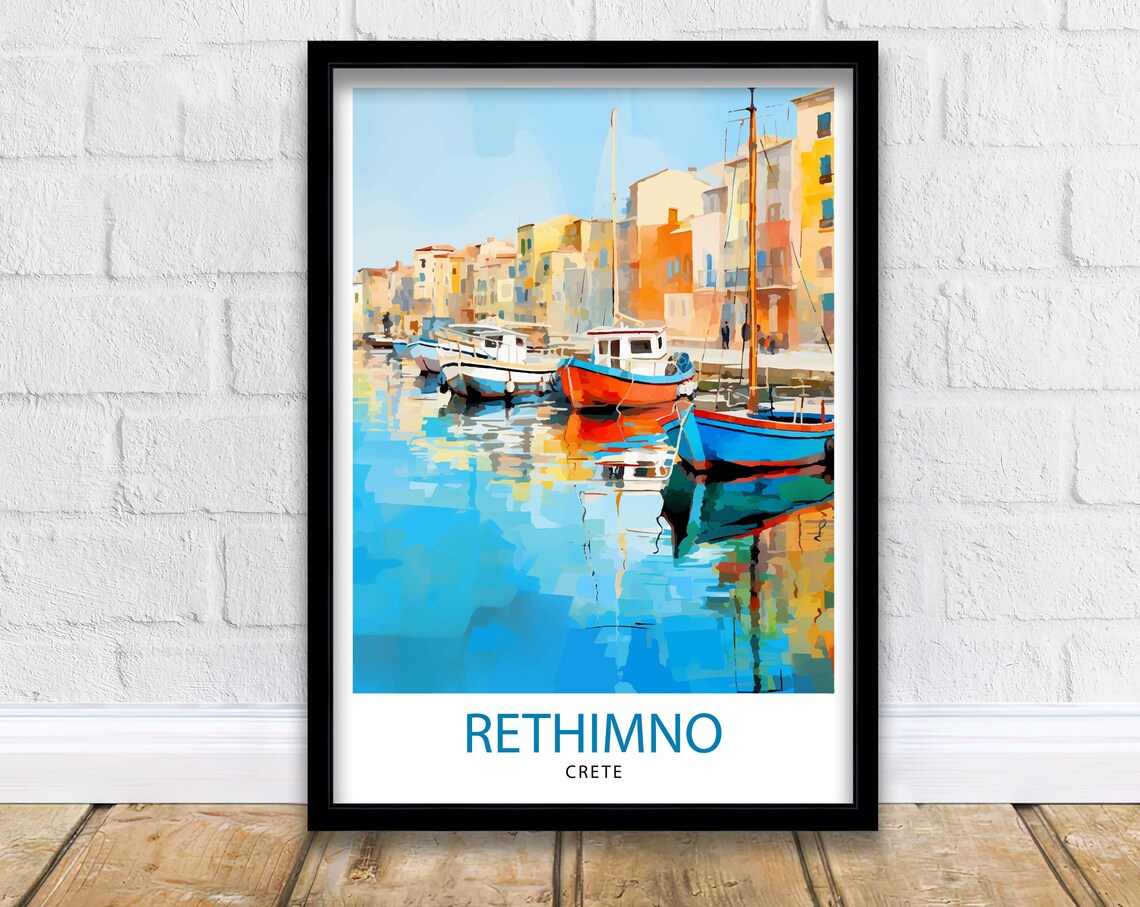 Rethimno Crete Harbor Colorful Fishing Boats Watercolor Poster