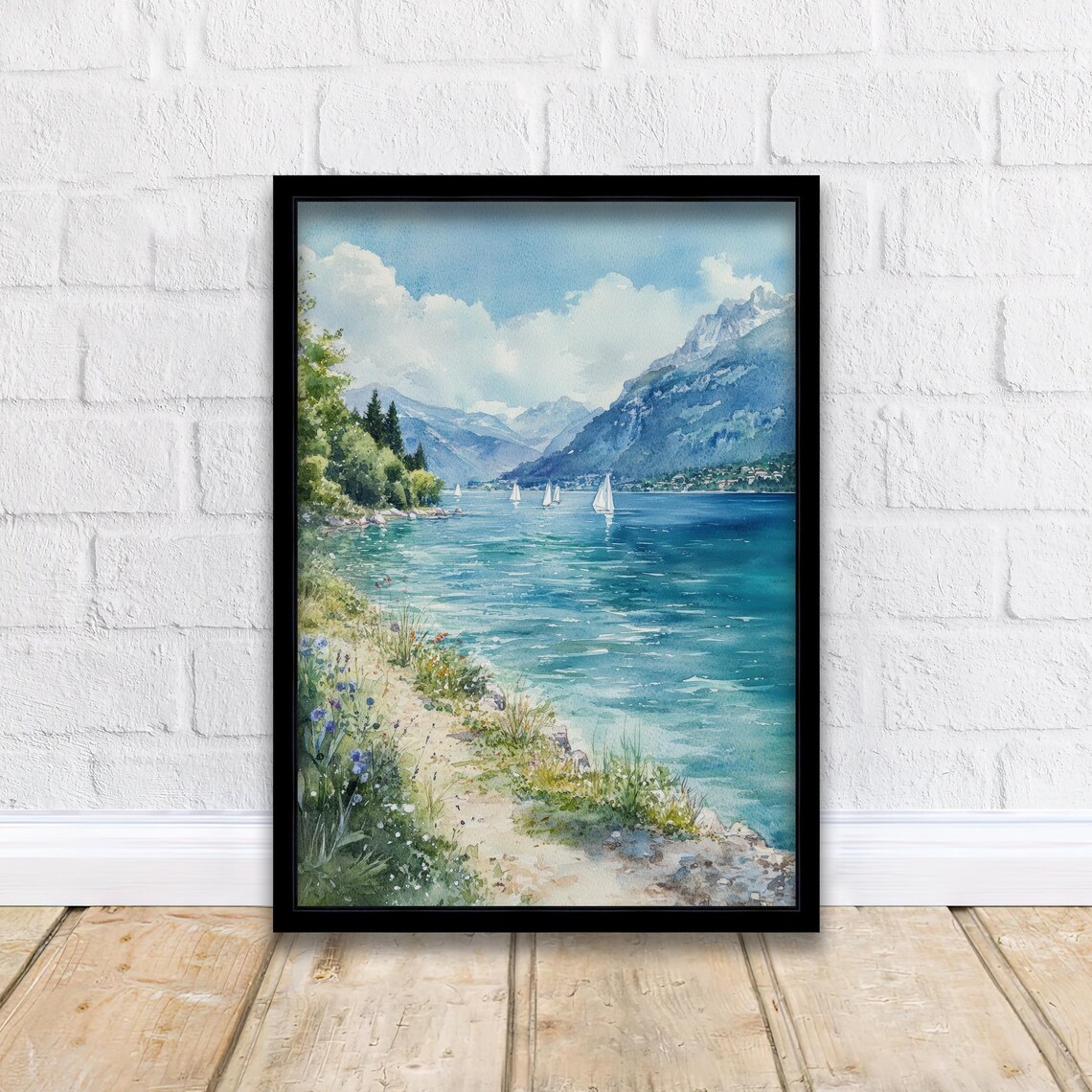 Lake Annecy French Alps Watercolor Sailboats Mountain Lake Poster