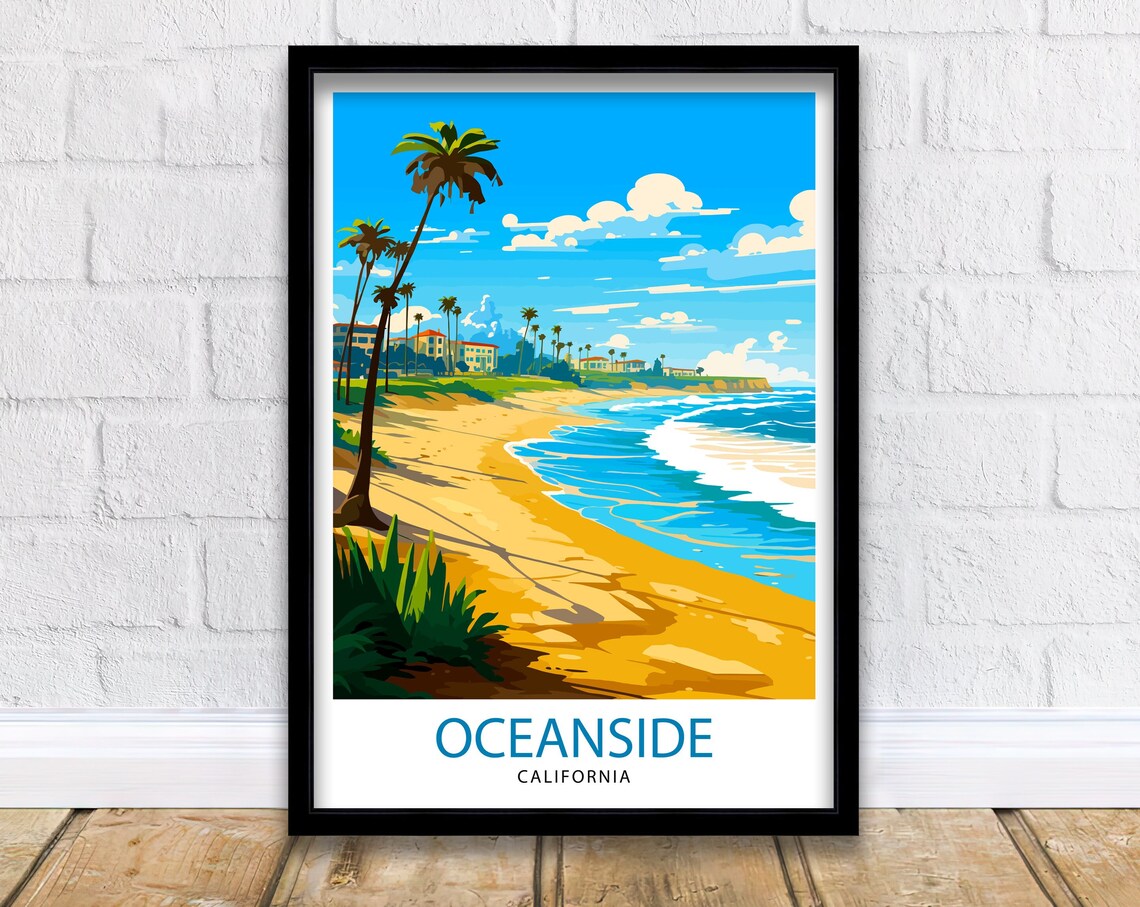 Oceanside California Golden Beach Palms Vintage Travel Art Poster