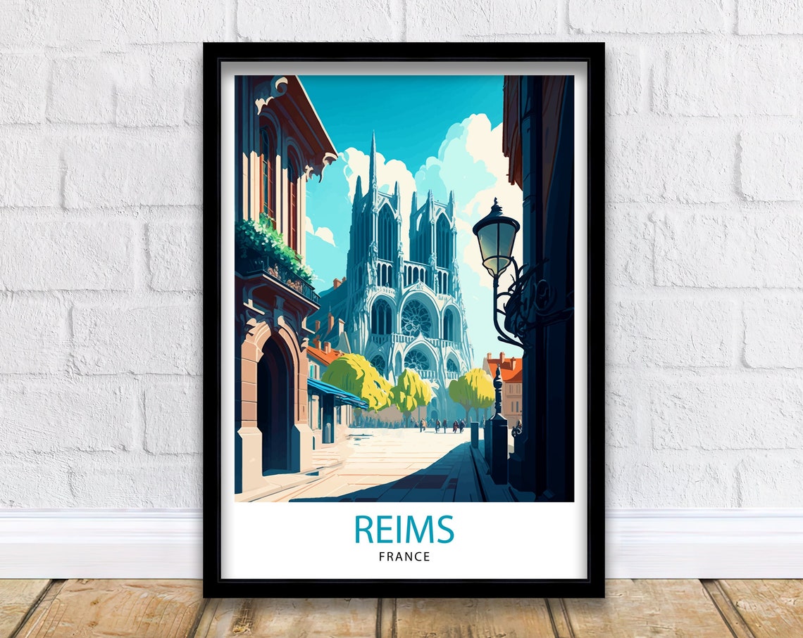 Reims France Cathedral Travel Poster With Gothic Facade Artwork