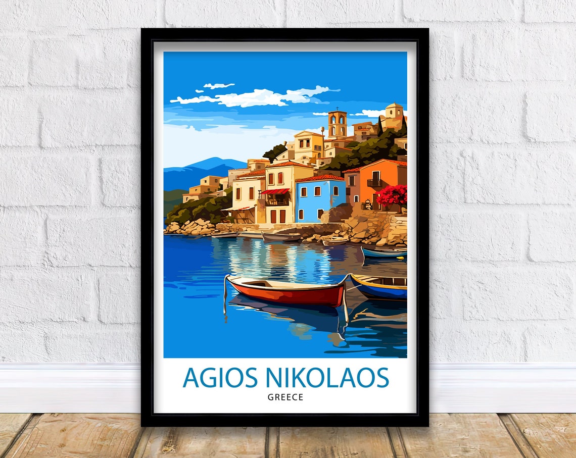 Agios Nikolaos Harbor Boats Hillside Town Greek Island Poster