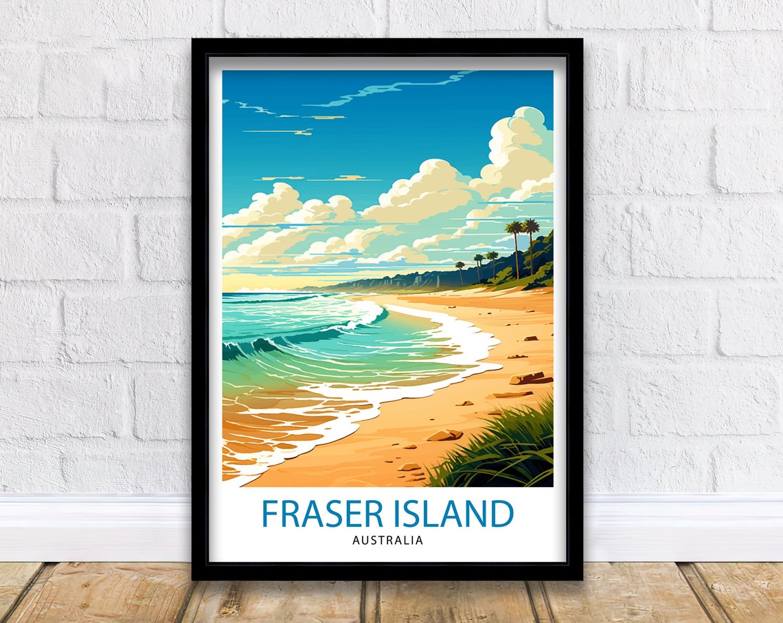 Fraser Island Australia Tropical Beach Palms Surf Travel Poster