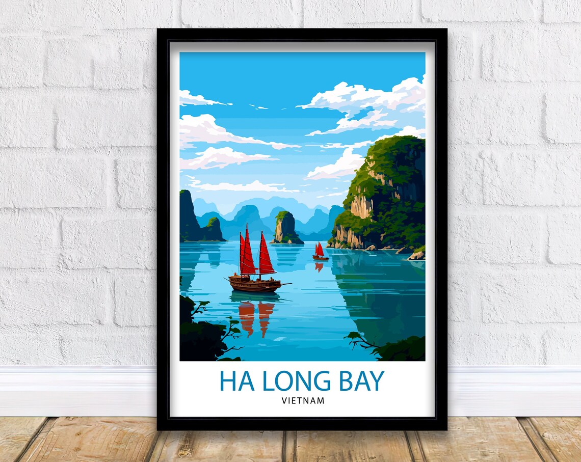Ha Long Bay Vietnam Limestone Karsts Red Sail Junk Travel Poster