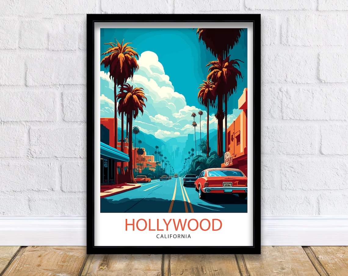 Hollywood California Travel Poster, Illustrated Wall Art