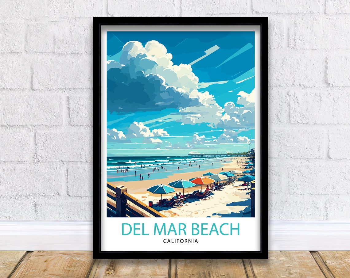 Del Mar Beach California Travel Poster With Ocean Pier Scene Art
