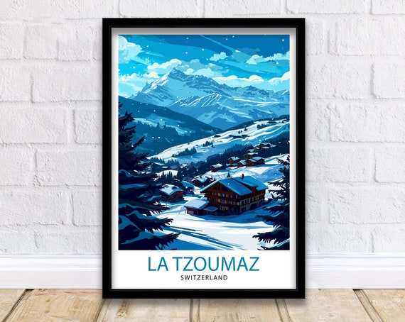 La Tzoumaz Switzerland Print Alpine Village Art Swiss Ski Resort Poster Mountain Landscape Wall Decor Verbier 4 Valleys Illustration Winter