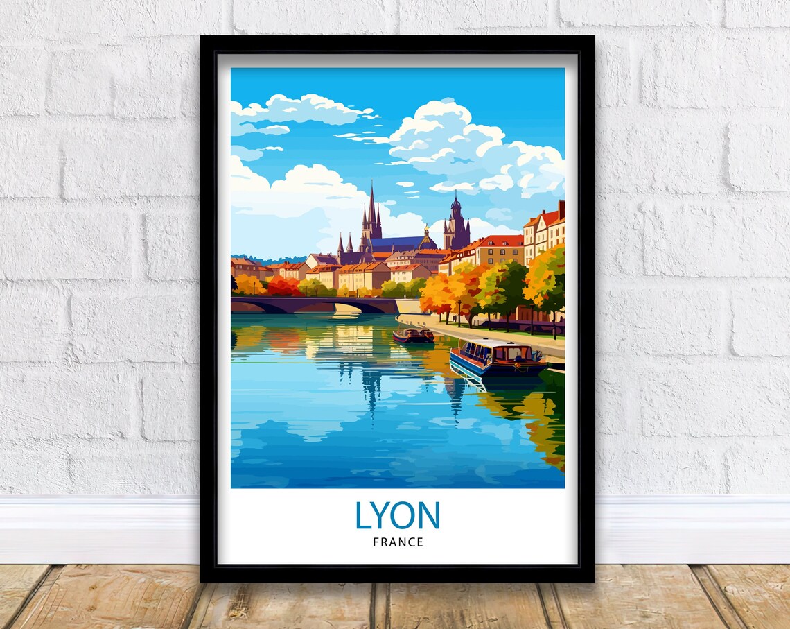 Lyon France Riverside Cityscape Church Spires Artwork Poster