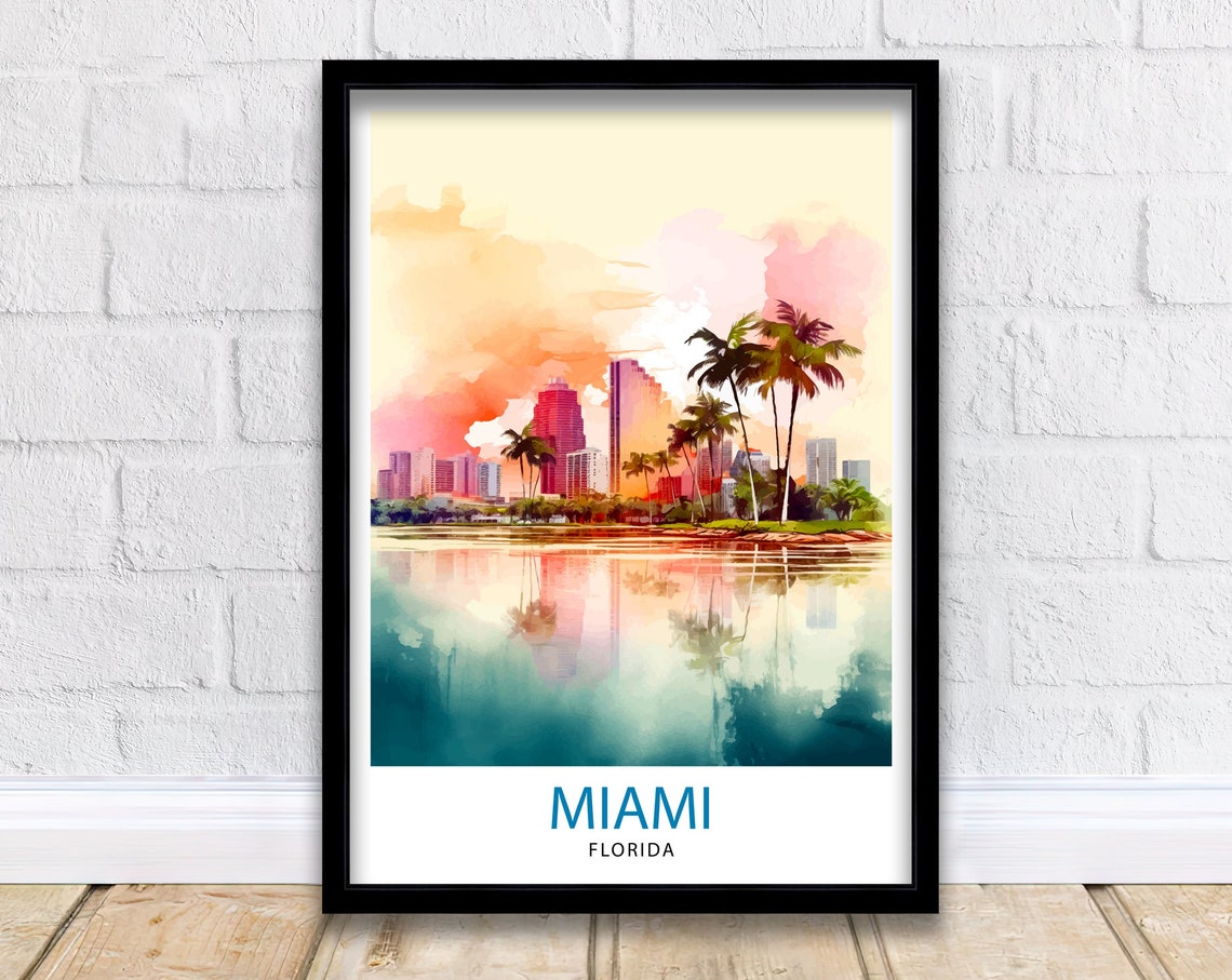Miami Florida Skyline Palm Trees Sunset Watercolor Travel Poster