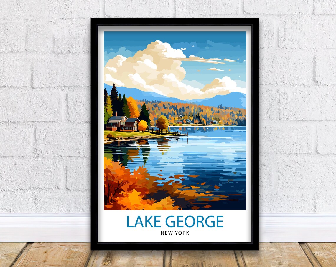 Lake George New York Autumn Lake Cabin Fall Foliage Travel Poster