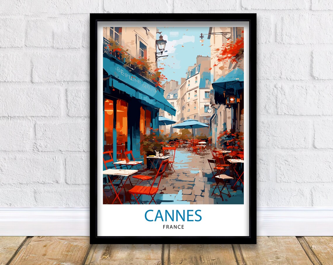 Cannes France Charming Café Terrace Blue Awnings Street Poster