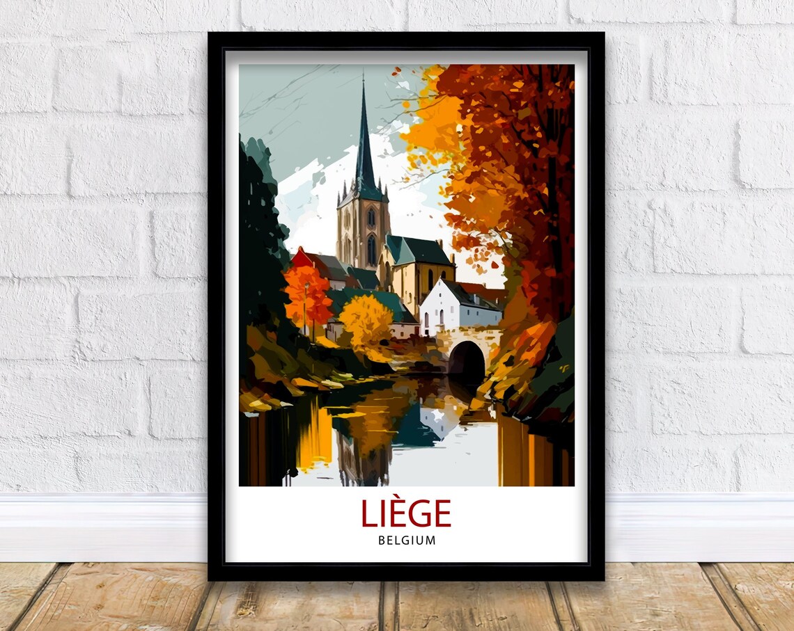 Liege Belgium Autumn Church River Vintage Travel Poster Old Town