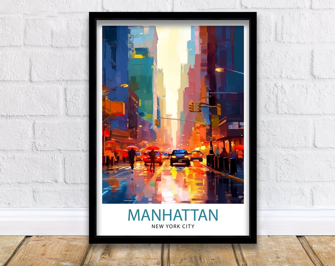 Manhattan New York City Rainy Night Street Neon Travel Poster