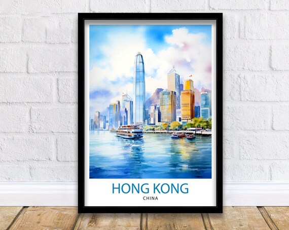 Hong Kong China Victoria Harbour Skyline Ferries Watercolor Poster
