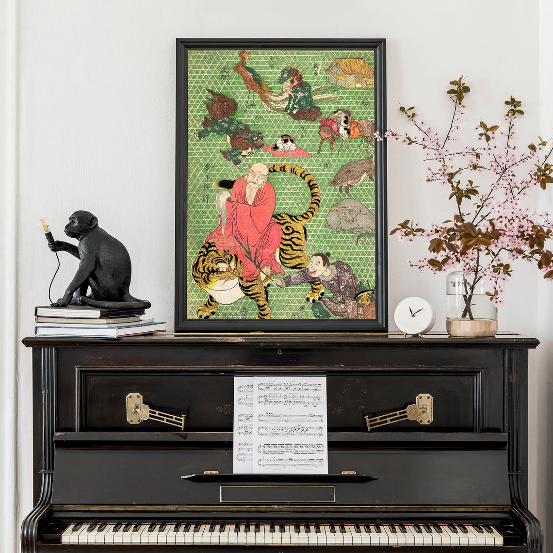 Japanese Daoist Immortal Riding Tiger Mythical Beasts Woodblock Poster - Image 3