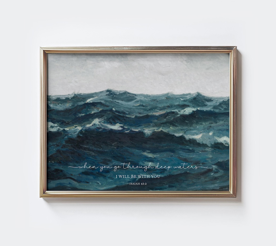Isaiah 43:2 Scripture Art, Vintage Ocean Verse