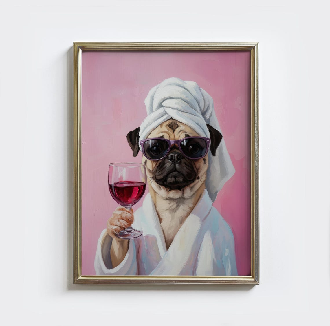 Pug Spa Day With Wine Glass Pink Sunglasses Funny Dog Poster